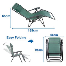 Todeco Sdraio per Giardino, Sedia Pieghevole A gravità Zero, 165 x 112 x 65 cm, Verde, con Cuscino, Textilene, Carico Massimo: 100 kg, Materiale: Acciaio