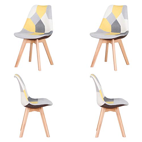 GroBKau, set di 4 sedie da ufficio in lino patchwork con gambe in legno, per casa, soggiorno, cucina, cucina, (giallo, 4)