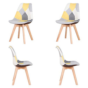 GroBKau, set di 4 sedie da ufficio in lino patchwork con gambe in legno, per casa, soggiorno, cucina, cucina, (giallo, 4)