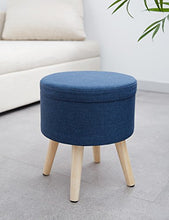 Suhu Puffo Sgabello in Tessuto Pouf Ottoman Contenitore Rotondo Pouff Poggiapiedi Salotto Puff per Bambini Piedi in Legno Blu