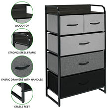 mDesign Elegante cassettiera moderna con 3 cassetti grandi e 2 piccoli – Comò in metallo, legno MDF e tessuto – Capiente canterano ideale per qualunque stanza della casa – multicolore/grigio/nero