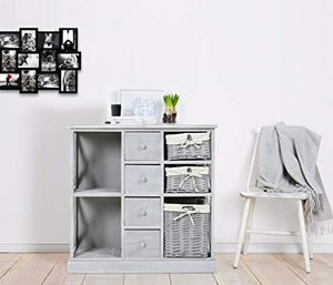 Rebecca Mobili Credenza cucina, cassettiera bagno legno e vimini, 4 cassetti 3 ceste, grigio, shabby country - Misure: 69 x 69 x 30 cm (HxLxP) - Art. RE4016
