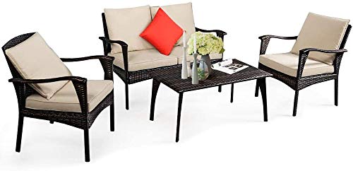 YRRA 4 Pezzi Patio Esterno Set da Tutte Le Conversazioni di Vimini Resistenti agli Agenti atmosferici con tavolino Loveseat e sedie Adatti per Il Giardino (1 Beige)