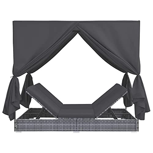 Cikonielf Sedia a Sdraio con Tende Lettino Prendisole Reclinabile Regolabile in Poli Rattan Sdraio Giardino 197 x 140 x 180 cm Grigio