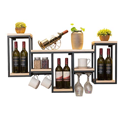 FMOGE Armadio per Vino Scaffale per Vino in Legno A Parete Mensola Galleggiante con Porta Calici | Armadi per Vino da Cucina, Sala da Pranzo, Bar O Cantina | con Piatto in Legno Color Natura