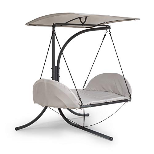 blumfeldt Fountain Valley Sdraio Pensile - Tettuccio Parasole, Oscillazione Rilassante, Spessore Imbottitura 4 cm, 2 Cuscini Laterali, Robusta Base in Acciaio, Viti in Acciaio Zincato, Beige