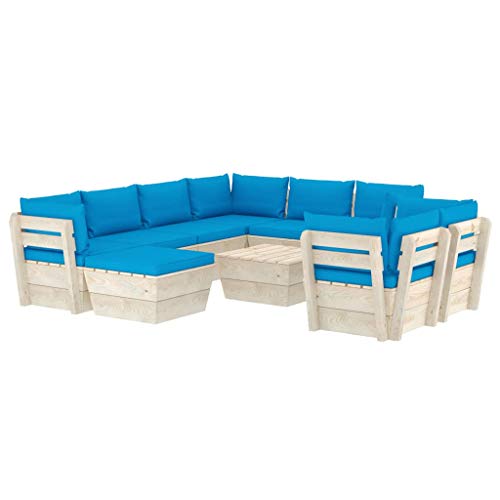 SKM Set Divani da Giardino su Pallet 10 pz con Cuscini Legno Abete (197.6kg) Blu-3676