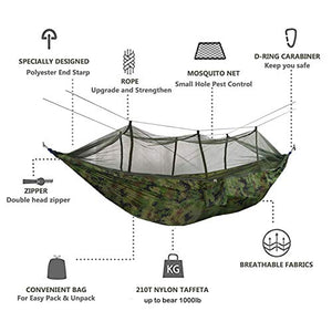 Amaca da campeggio,amaca portatile doppia in nylon leggero paracadute compatto 210T con zanzariera,confezione con corda in nylon+cinghie per alberi+moschettoni,fino a 1000LB,260x140 cm