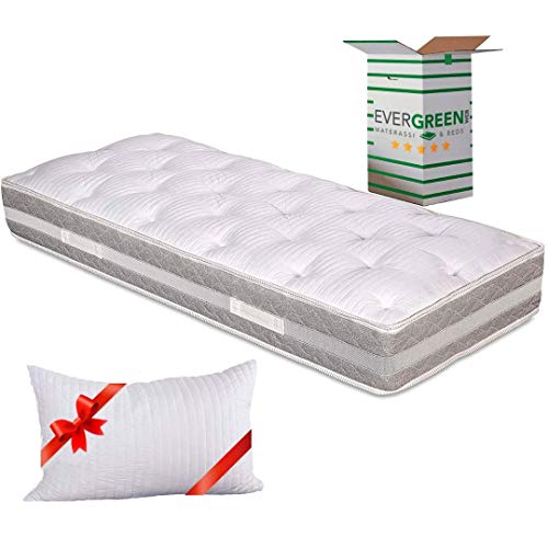 EVERGREENWEB - Materasso Singolo 80x190 alto 25cm con Topper in Memory Foam Med Sfoderabile + Cuscino Letto GRATIS, Lastra in Waterfoam Ortopedico a 7 Zone Differenziate doppio Lato Estivo e Invernale
