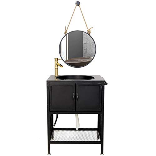 YRRA Mobile Sottolavabo per Bagno Copricolonna, Mobile Lavabo Autoportante Stile Industriale Ferro Battuto Lavandino del Bagno con Rubinetto e Specchio,Nero,60 x 45 x 80cm