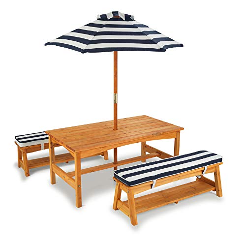 KidKraft 106 Set tavolo e panchine in legno per bambini con cuscini e ombrellone, mobili per giardino e per esterno, Strisce blu navy e bianche