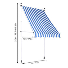 Zerone - Tenda da sole per balcone, con manovella, resistente ai raggi UV, regolabile in altezza con 10 fori, 2 x 1,2 m (strisce blu e bianco)