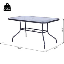 Outsunny Tavolo da Giardino con Foro per Ombrellone, Arredamento da Esterno in Metallo e Vetro 140x80x70cm Grigio