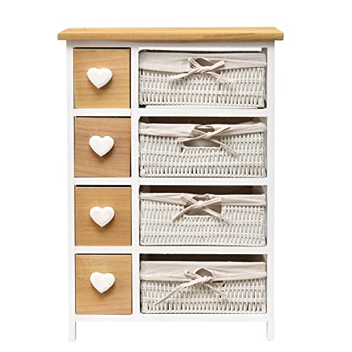 Rebecca Mobili Cassettiera legno vimini, mobile bagno vintage, 8 cassetti, colore bianco, pomello a cuore - Misure 71 x 51 x P 30 cm (HxLxP) - Art. RE4356