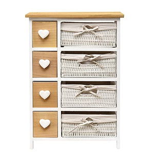 Rebecca Mobili Cassettiera legno vimini, mobile bagno vintage, 8 cassetti, colore bianco, pomello a cuore - Misure 71 x 51 x P 30 cm (HxLxP) - Art. RE4356
