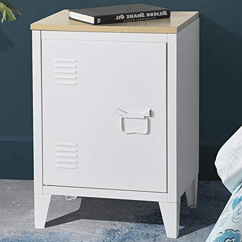 BAKAJI Mobiletto Armadietto Comodino in Metallo 2 Ripiani Interni con Chiusura ad Anta e Piano D'Appoggio in Legno MDF Design Moderno Industriale Dimensione 59 x 40,5 x 30,5 cm (Bianco)