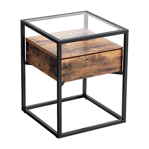 VASAGLE Tavolino Lato Divano, Comodino, Tavolino da caffè, Cassettiera con Piano in Vetro Temperato e Cassetto con Ripiano, Decorazione in Soggiorno Salotto, Stabile, Marrone Vintage e Nero LET04BX