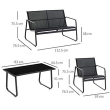 Outsunny Set Tavolino con Panchina e 2 Sedie da Giardino, Arredamento da Esterno in Metallo e Textilene, Nero
