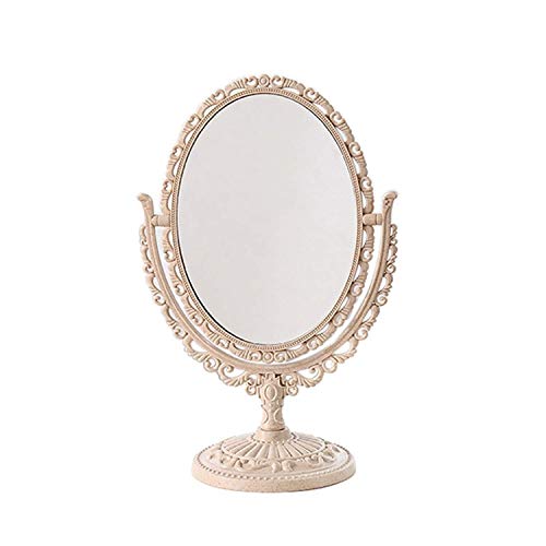 Specchio per Il Trucco da Tavolo Doppio Lato Europeo Ovale Intagliato Principessa Specchio Bifacciale Lente d'Ingrandimento Beige Specchi Compatti per Comò da Bagno