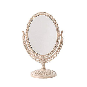 Specchio per Il Trucco da Tavolo Doppio Lato Europeo Ovale Intagliato Principessa Specchio Bifacciale Lente d'Ingrandimento Beige Specchi Compatti per Comò da Bagno