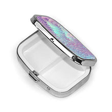 Portapillole in metallo con brillantini iridescenti quadrati a due scomparti per medicinali e medicinali, organizer da tasca o da viaggio
