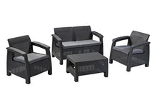 Keter Corfu Lounge Set, Mobili da Giardino con Divano 2 Posti, 2 Poltrone e Un Tavolino con Cuscini, Grafite, 50X168X75 Cm