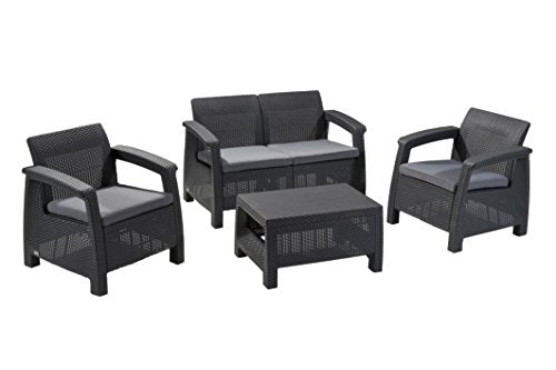 Keter Corfu Lounge Set, Mobili da Giardino con Divano 2 Posti, 2 Poltrone e Un Tavolino con Cuscini, Grafite, 50X168X75 Cm