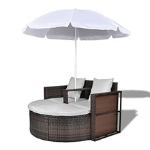 Sedia a Sdraio con Ombrellone Lettino Prendisole in Polirattan Sdraio Giardino con Un poggiapiedi Rimovibile Lettino Impermeabile -Marrone + Bianco