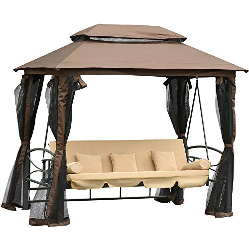 Outsunny Dondolo 3 Posti da Giardino Convertibile in Lettino con Gazebo, con Zanzariera e Cuscini, 257x175x240cm Beige