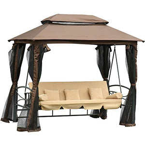 Outsunny Dondolo 3 Posti da Giardino Convertibile in Lettino con Gazebo, con Zanzariera e Cuscini, 257x175x240cm Beige