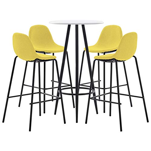 Tidyard Set 5 pz da Bar Design Moderno Alto in Tessuto Marrone/Giallo e Acciaio,Set Tavolo Rotondo e 4 Sedie da Bar Alti in Tessuto,Set Tavolo e Sedie da Cucina Design Moderno in Tessuto