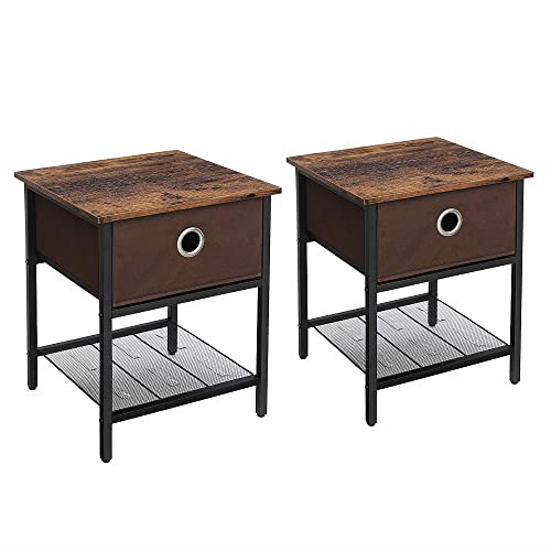 VASAGLE Set di 2 Tavolino da Salotto, Comodino con Cassetto in Tessuto, Struttura Resistente in Acciaio, Soggiorno Camera da Letto, Assemblaggio Semplice, Marrone Vintage e Nero