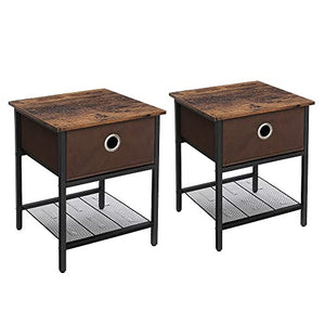 VASAGLE Set di 2 Tavolino da Salotto, Comodino con Cassetto in Tessuto, Struttura Resistente in Acciaio, Soggiorno Camera da Letto, Assemblaggio Semplice, Marrone Vintage e Nero