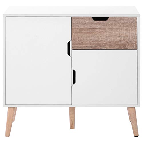 LEKER Credenza con 1 cassetto e 2 ante, per camera da letto, soggiorno, sala da pranzo, 5 gambe di sostegno, colore: bianco + rovere