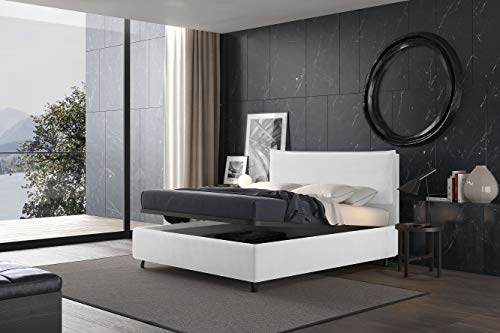 Talamo Italia Letto contenitore piazza e mezza Puccini, Made in Italy, Struttura in ecopelle imbottita, Adatto a materasso 120x190 cm, Bianco