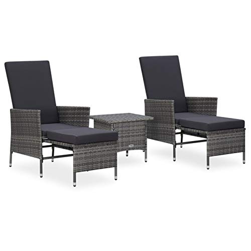Festnight 3 pz Set Divani da Giardino con Cuscini, Tavolo e Sedie da Giardino, Salotto da Giardino, Schienale Anche Pieghevole, in Polyrattan Grigio