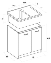 MONTEGRAPPA Mobile Lavatoio 80x60x85cm 2 Ante 2 Vasche ASSE in Legno Marella Bianco