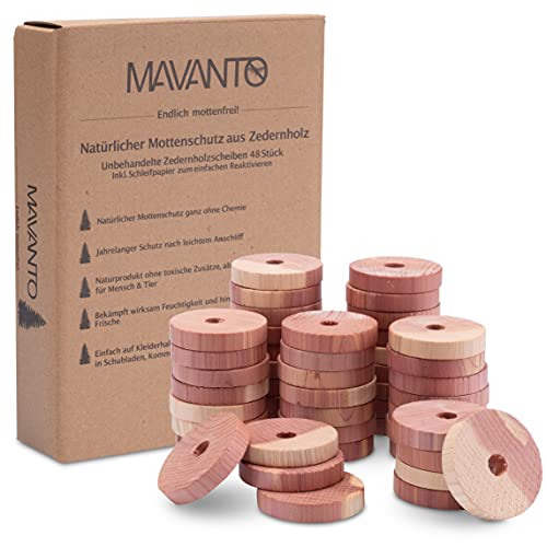 MAVANTO 48x Efficace Antitarme Vestiti di Cedro per Armadi e Appendiabiti - 100% Naturale, Trappola per Falena e Prevenzione - incl. Carta Vetrata Gratuita
