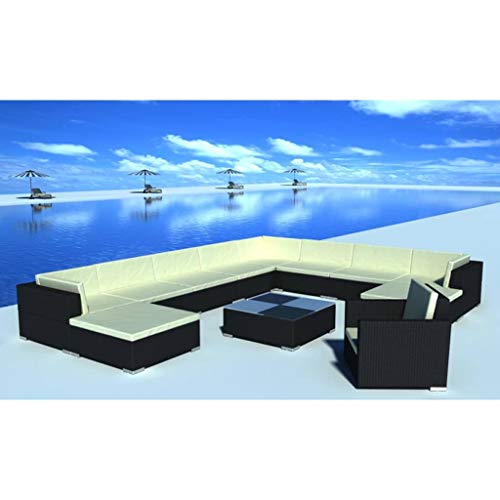 UnfadeMemory Set Divani da Giardino Resistente agli Agenti Climatici ed Impermeabile 12 pz con Cuscini in Polyrattan Nero