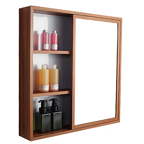 Armadietto a Specchio Bagno, Armadio Medicinali in Alluminio a Parete, Porta Scorrevole, Grana Aspetto Legno, Accessori per lavandino, Salva Spazio mobili