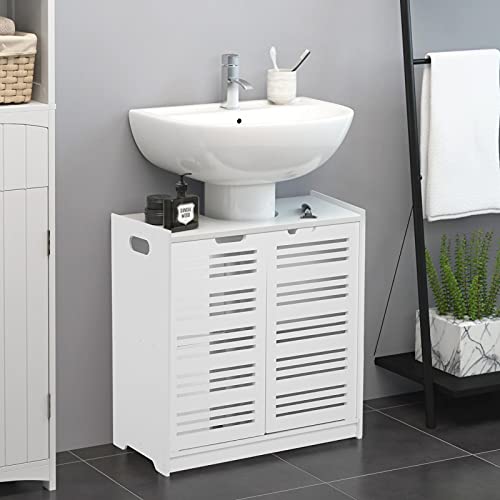 Mobile per Bagno Sottolavabo, Mobiletto per Lavandino, Mobile da Terra Bagno, Mobiletto Multiuso con Doppia Anta, Bianco, 60 x 30 x 60 cm