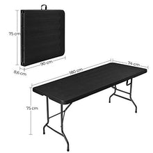 SONGMICS Tavolo Pieghevole, Grande, da Giardino con Superficie in Plastica con Venatura del Legno, da Campeggio, Chiusure di Sicurezza, Terrazza, Festa, Impermeabile, 180 x 75 x 74 cm, Nero GPT05BK
