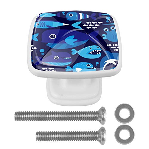 Set di 4 maniglie rotonde per armadio da cucina, credenza, cassettiera, cassettiera, con viti, per cucina, comò, armadietto, bagno, armadio con motivo a squali marini, blu