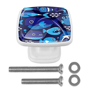 Set di 4 maniglie rotonde per armadio da cucina, credenza, cassettiera, cassettiera, con viti, per cucina, comò, armadietto, bagno, armadio con motivo a squali marini, blu