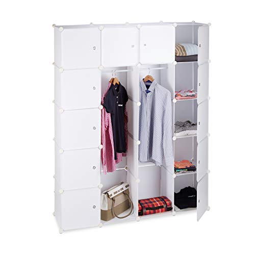 Relaxdays 10021971_49 Cabina Armadio Componibile, Plastica, Guardaroba con 2 Bastoni Appendiabiti e 14 Scomparti, Bianco