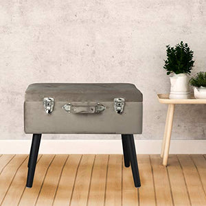 Baroni Pouf Valigia Contenitore in Velluto, Puff Sgabello Portaoggetti, Pouff Poggiapiedi Salotto, Camera con Zampe in Legno, Colore Beige, 50x35x46