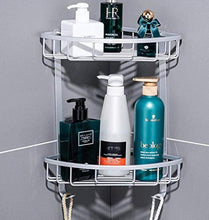 PYROJEWEL Bagno Multifunzionale d'angolo Stand - Alluminio dello Spazio Bagno privato Servizi igienici Doppio Gancio d'angolo Cesto Mensola Privo di Fori mensola da Bagno
