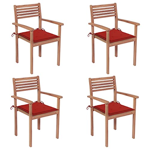 vidaXL Sedie da Giardino 4 pz con Cuscini Rossi in Massello di Teak