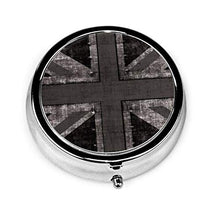 Union Jack Grunge - Contenitore rotondo per pillole, 3 scomparti, in metallo, per medicinali e vitamine, colore: nero e bianco