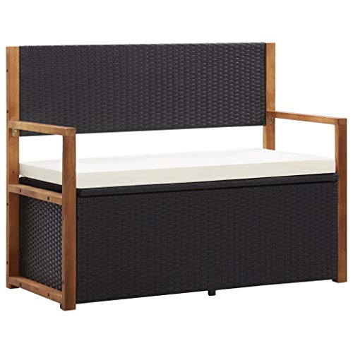 vidaXL - Panchina con vano portaoggetti, 110 cm, in polyrattan, legno massiccio di acacia, colore nero